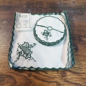 Vintage Hand Made 12pc Cocktail Napkin Coaster Set White Green Floral Scalloped